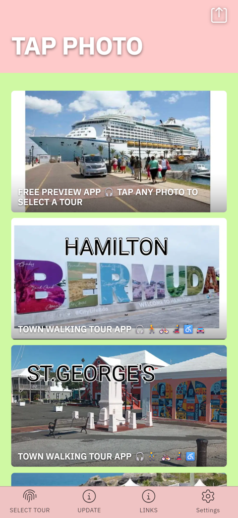 BERMUDA SMART TOURS - Pantalla de la aplicación Bermuda Smart Tours mostrando opciones de recorridos a pie por Hamilton y St George