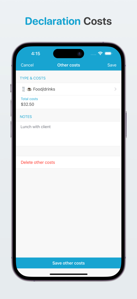 Freelance bookkeeping - Interfaz de la aplicación Contabilidad freelance para registrar un gasto de almuerzo con un cliente de $32.50.