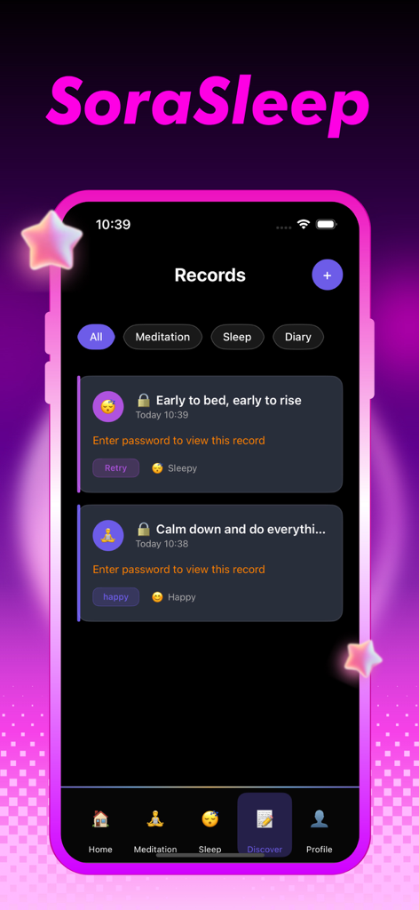SoraSleep app Records interface displaying personalized sleep and meditation logs with private password protection