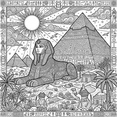 Embark on an epic coloring journey to the heart of ancient Egypt with this captivating Giza Necropolis scene. Designed specifically for teens, this intricate page features the iconic Sphinx, majestic pyramids, and detailed hieroglyphs waiting for your creative touch.