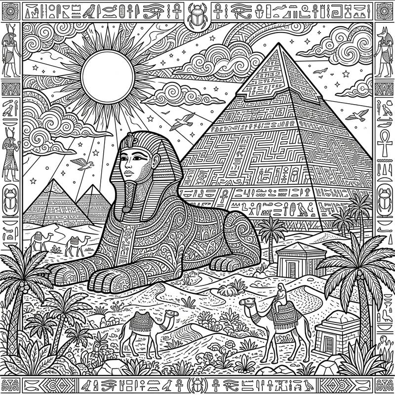 Embark on an epic coloring journey to the heart of ancient Egypt with this captivating Giza Necropolis scene. Designed specifically for teens, this intricate page features the iconic Sphinx, majestic pyramids, and detailed hieroglyphs waiting for your creative touch.