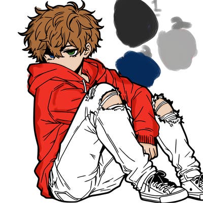 a male hoddie ripped jeans messy hair anime