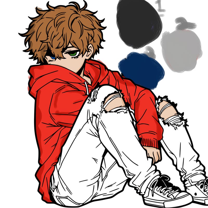 a male hoddie ripped jeans messy hair anime