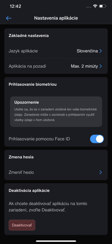 Čítačka - Settings screen of the Citacka app showing biometric login and security options