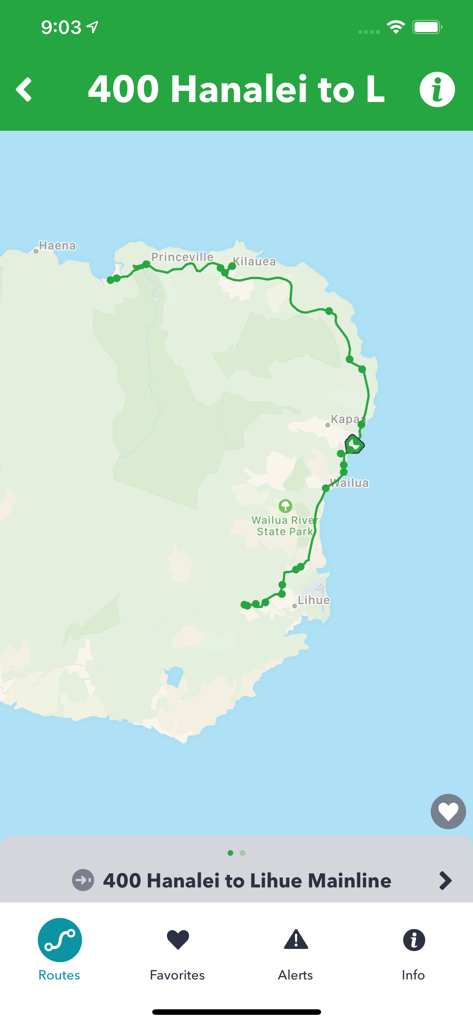 The Kauai Bus Tracker - Interactive map showing the 400 Hanalei to Lihue bus route on Kauai