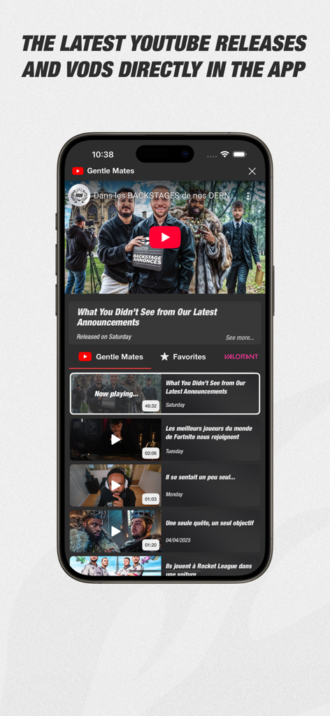 Gentle Mates app interface showing latest YouTube video releases and VODs.