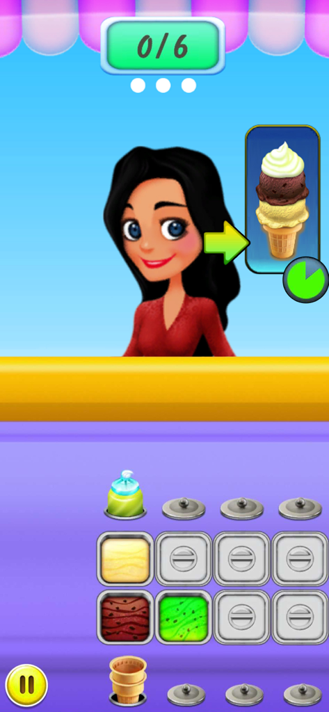 Ice Cream Truck - Food Cart - Gameplay-Bildschirm des Eiswagen-Spiels, der einen Kunden zeigt, der eine Drei-Kugel-Eistüte bestellt