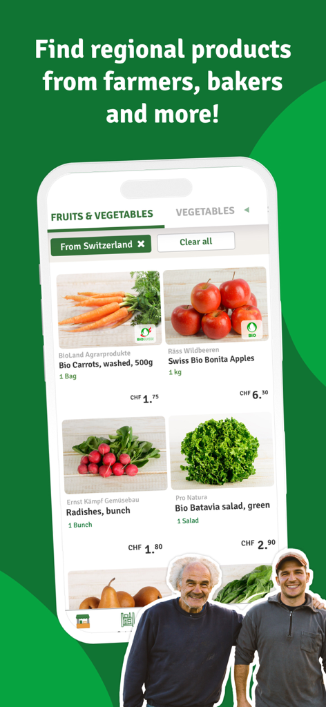 Mobile app screen showing a selection of fresh regional fruits and vegetables from local producers