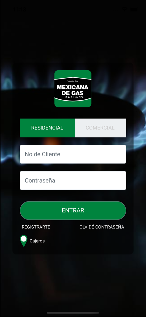 CMG Móvil - CMG Movil app login screen for residential and commercial gas utility management