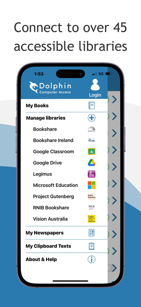 Dolphin EasyReader app menu showing connections to accessible libraries like Bookshare and Project Gutenberg