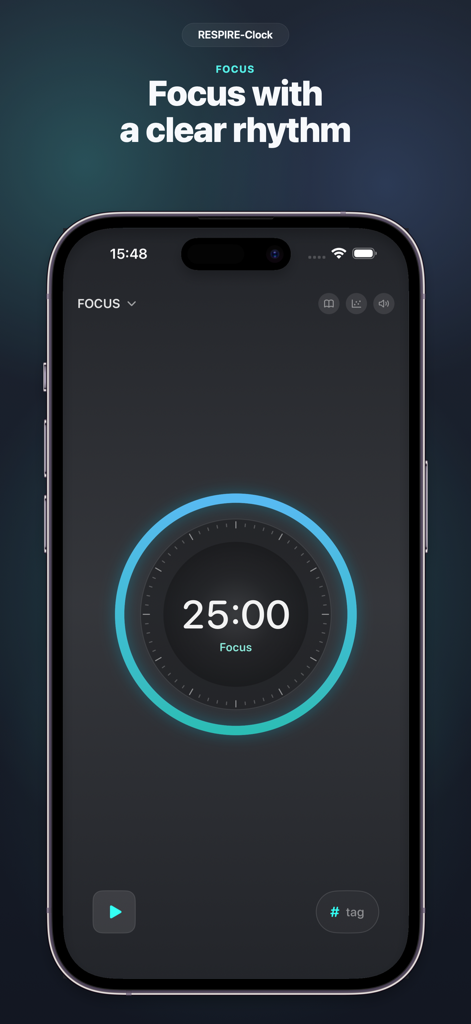 Minimalist 25 minute focus timer screen with a blue circular progress bar from the RESPIRE-Clock app