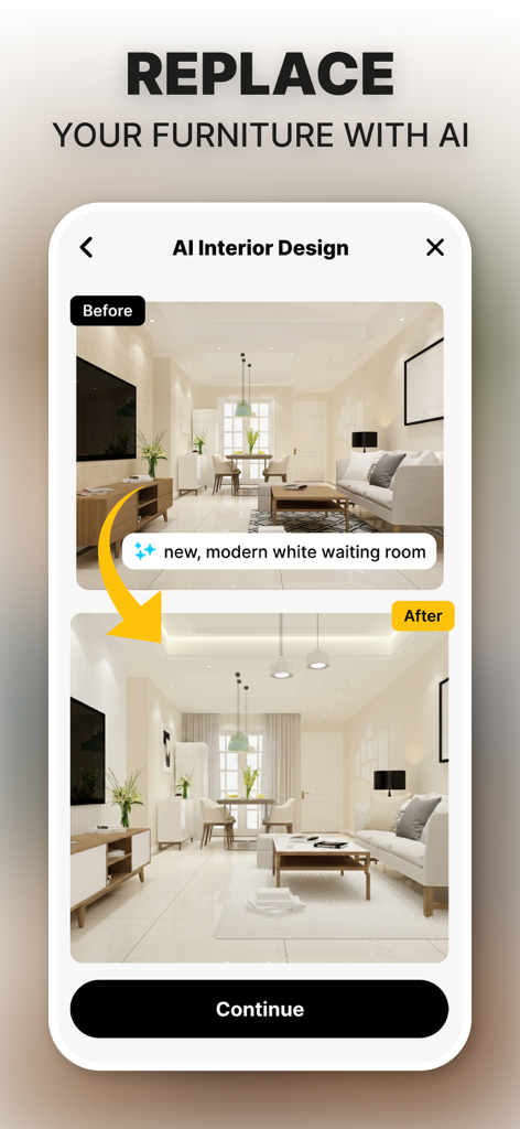 Interior Design - Home Remodel - Before and after comparison of a modern living room redesigned using AI furniture replacement