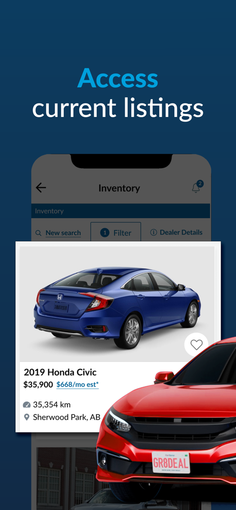 Mobile view of the CarGurus Dealer app displaying current vehicle listings including a 2019 Honda Civic.