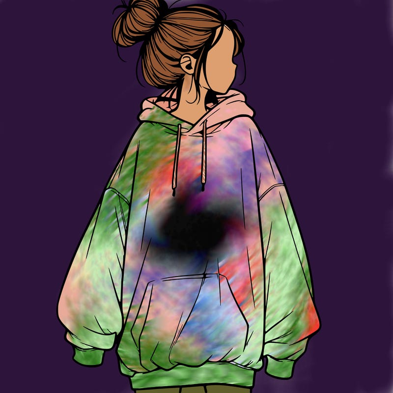 realistic girl with a oversized sweatshirt on and a bun