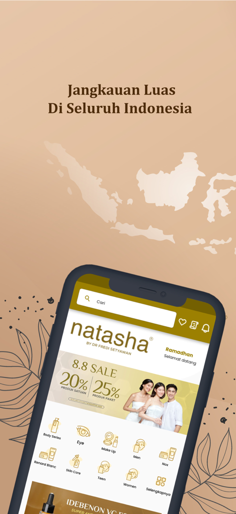 Natasha Skincare mobile app home screen showing product categories and promotional sale banners.