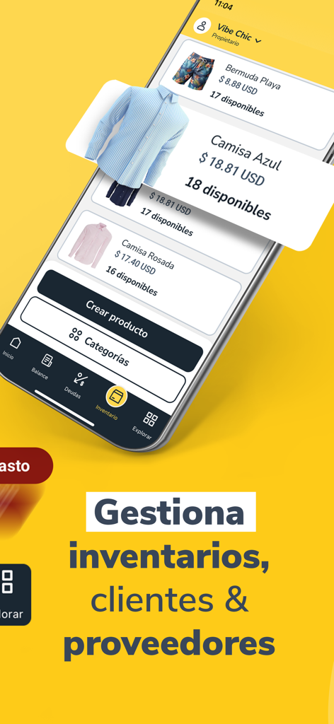 Un smartphone mostrando la pantalla de gestión de inventario de la app Treinta con productos de ropa y recuentos de stock.