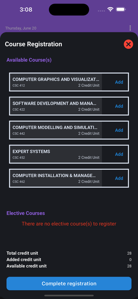 UNIZIK Portal - Course registration screen in the UNIZIK Portal app showing available computer science courses and credit unit totals.