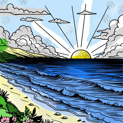 a realistic sunset view with the ocean