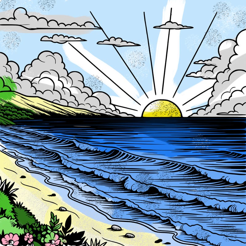 a realistic sunset view with the ocean