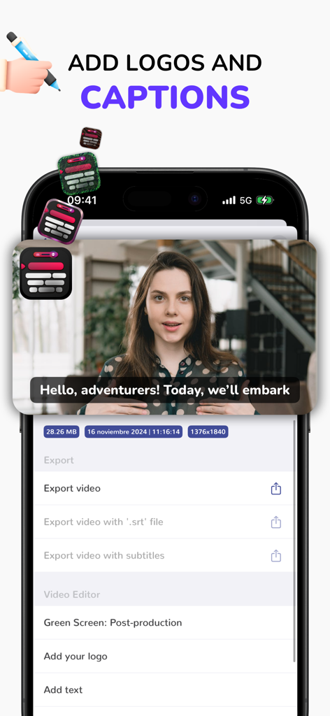 Teleprompter App - Autokue - Uma interface de aplicativo móvel mostrando opções de exportação de vídeo com legendas e personalização de logotipo