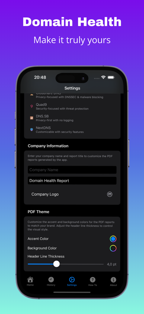 Tela de configurações para personalizar relatórios em PDF white-label e branding no aplicativo Saúde do Domínio.