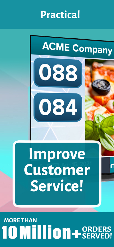 Écran TV OrderReady affichant des numéros de commande et une signalisation numérique avec des images de pizza pour améliorer le service client.