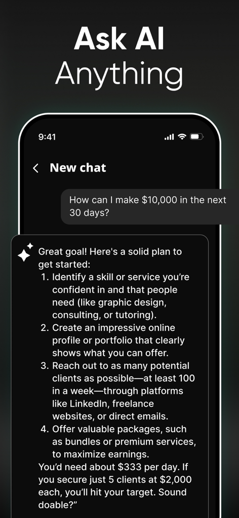 AI Chatbot- Smart AI Assistant - Interfaz de la aplicación Chatbot IA mostrando una respuesta a una pregunta sobre objetivos financieros