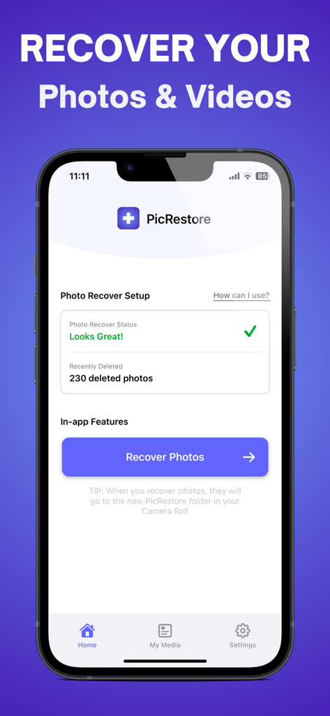 PicRestore app home screen showing 230 deleted photos ready for recovery