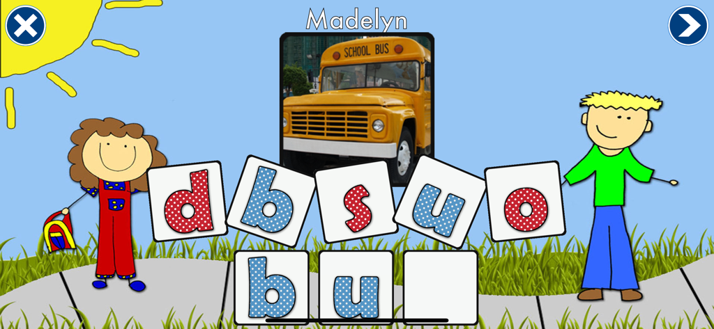 Sound It Out - A phonics game screen showing a school bus and letter tiles for spelling the word bus