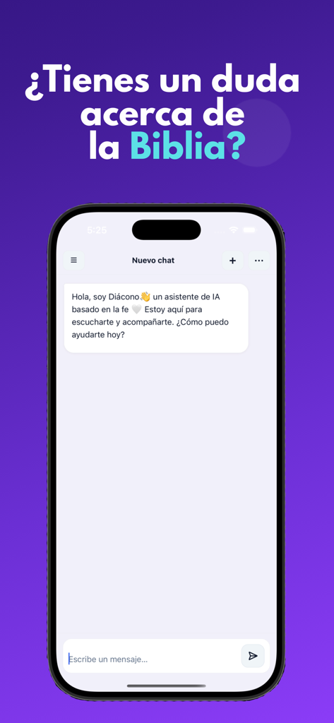 Diacono IA mobile app interface showing a faith based artificial intelligence chat for Bible questions