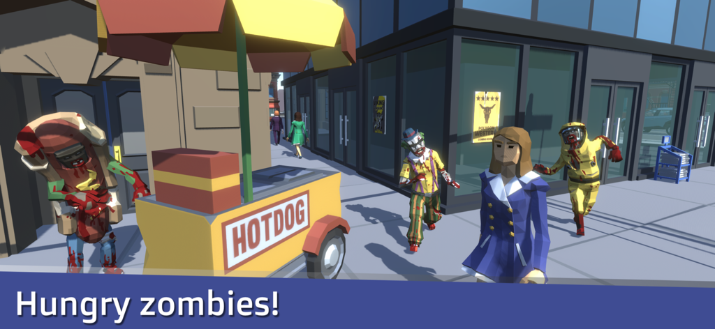 Sandbox City - Low poly zombies in costumes roaming a city street near a hot dog stand