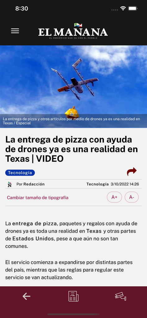 El Mañana de Nuevo Laredo - Pantalla de artículo de noticias de la aplicación El Mañana con una historia sobre drones de entrega de pizza en Texas