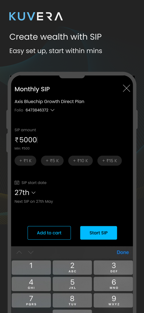 Tela do aplicativo móvel Kuvera para configurar um plano de investimento sistemático mensal com o Axis Bluechip Growth Direct Plan