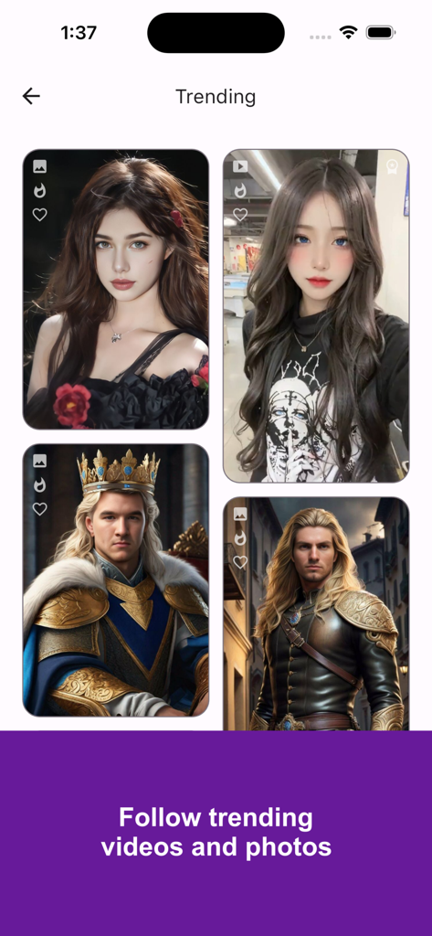 Uma galeria mostrando fotos e vídeos de troca de rosto com IA em alta para criadores de mídia social