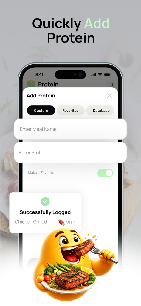 Interface of the Protein Tracker app showing the add protein screen with a success message for logging grilled chicken