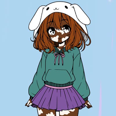 pretty anime girl wearing a fluffy hoodie with bunny ears on the hood and a skirt