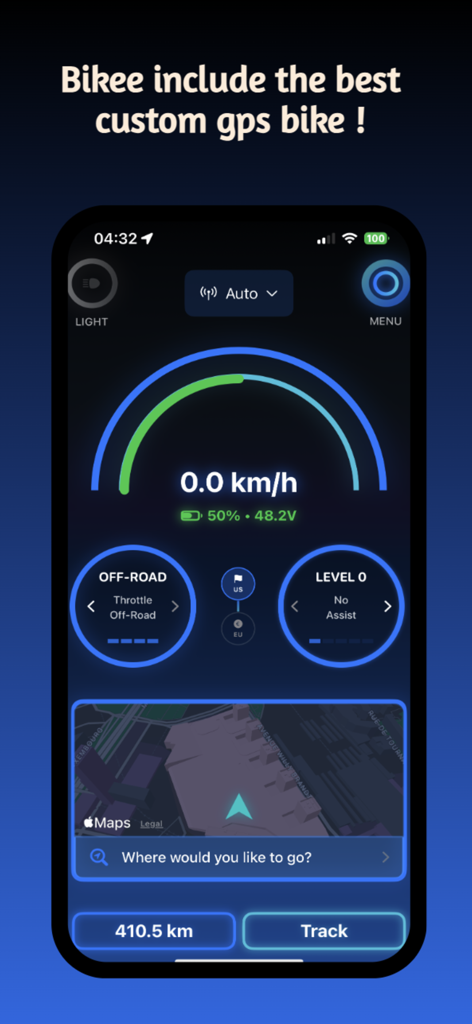 Bikee - Panel de la aplicación móvil de e-bike Bikee que muestra la velocidad en tiempo real, el estado de la batería y el mapa de navegación GPS integrado
