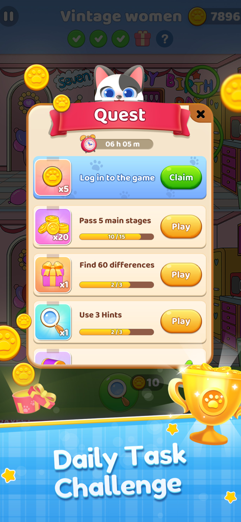 Find the Differences: Spot Fun - Find the Differences Spot Fun 게임의 일일 작업 챌린지 퀘스트 메뉴, 보상 및 진행률 표시줄 표시