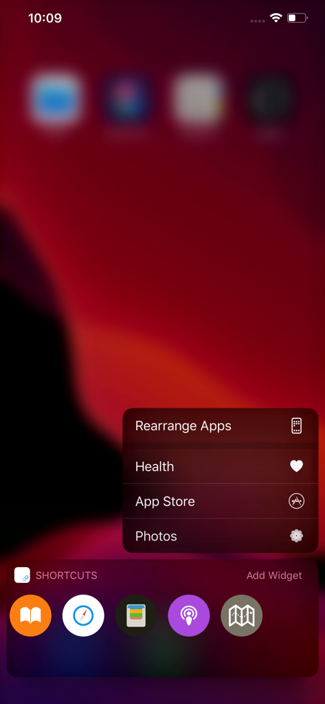 Shortcuts (Quick Open) - ショートカットアプリに触覚タッチのクイックメニューとアプリアイコンウィジェットが表示されている画面。
