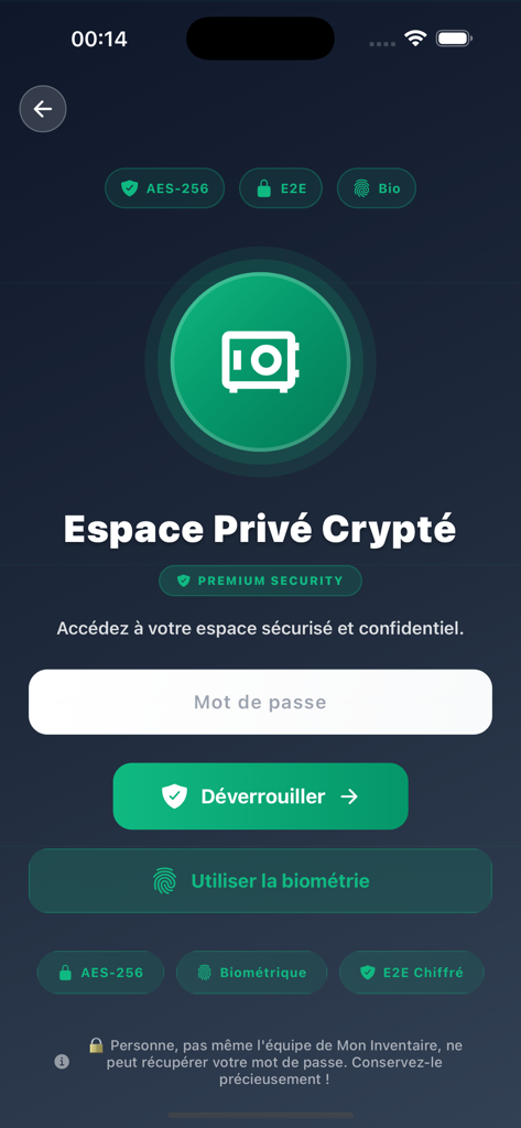 My Inventory AI - Encrypted private space login screen with password and biometric security options