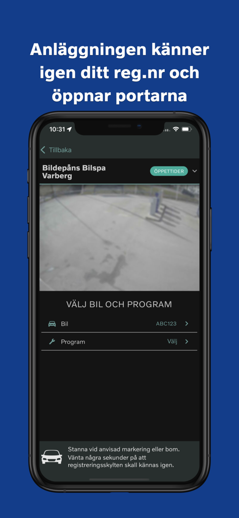 Tvätta Biltvätt mobile app interface showing a live queue camera and license plate recognition for an automated car wash