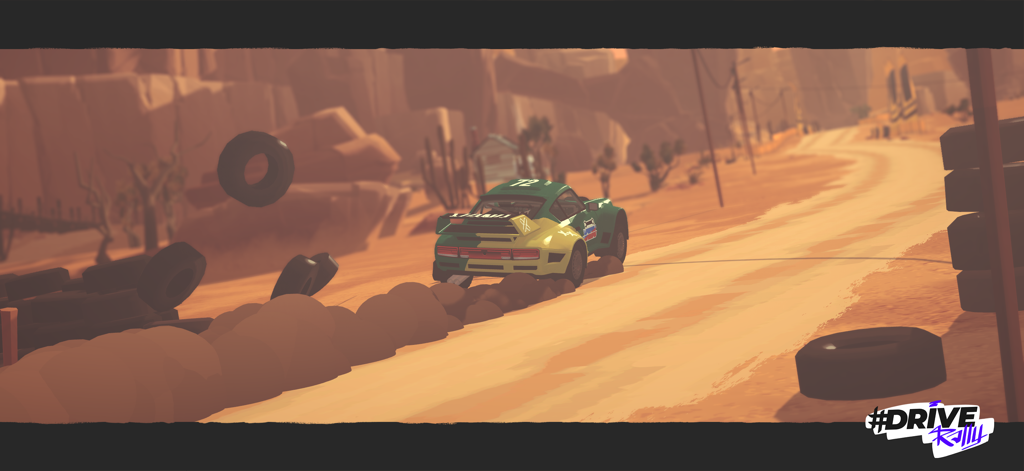 #DRIVE Rally - Un coche de rally retro estilizado conduciendo a través de un cañón desértico polvoriento en DRIVE Rally.