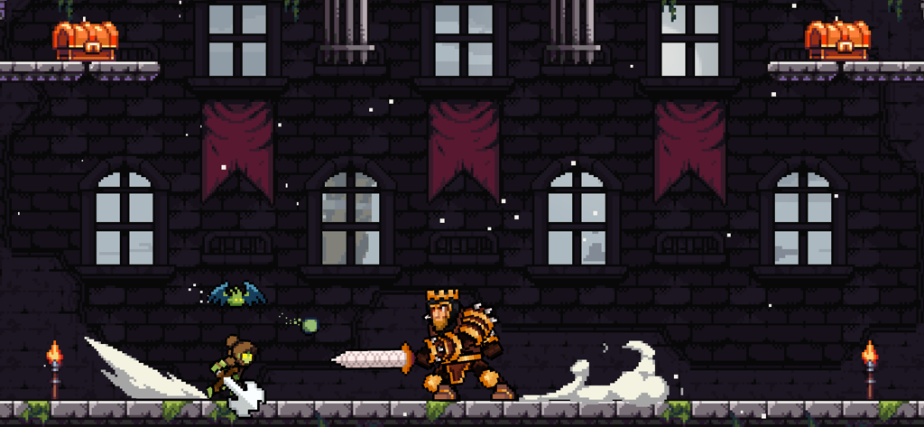 Apple Knight - Apple Knight lutando contra um grande chefe blindado em um nível de castelo