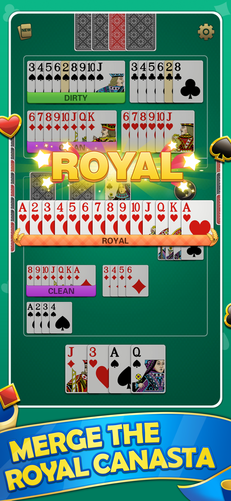 Gameplay screenshot of Buraco Card Game showing a royal canasta sequence merge on a green table.