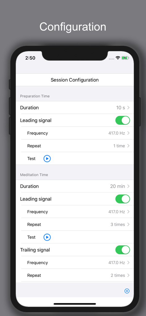 Simple Sinus Zazen Timer - Session configuration screen of the Simple Sinus Zazen Timer app.