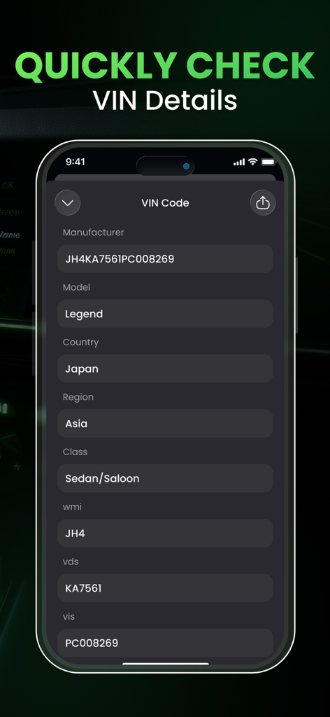 Car.Play Connect: Smart Sync - Una interfaz móvil que muestra especificaciones del vehículo como fabricante y modelo a partir de un escaneo VIN.