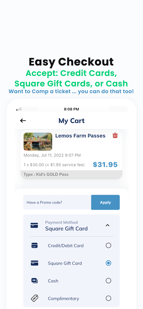 SimpleTix Organizer - SimpleTix Organizer Checkout-Bildschirm zeigt Square-Zahlungsoptionen und Ticketdetails