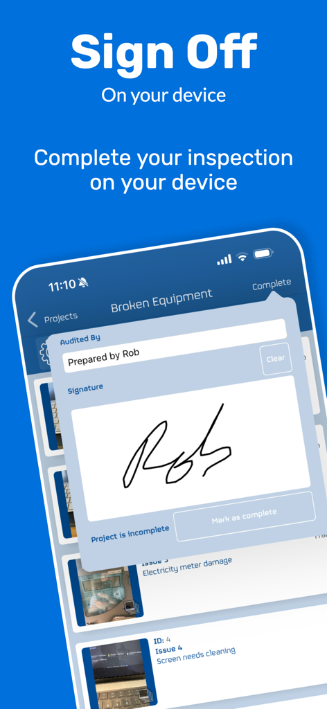 Mobile app screen showing a digital signature field for completing an inspection report