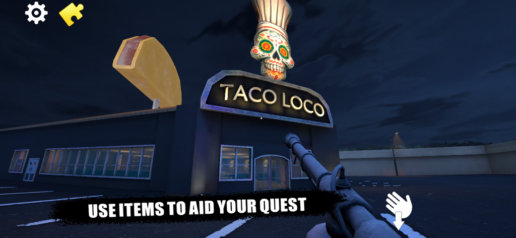 Taco Loco: Horror Game - A dark view of the Taco Loco restaurant exterior with a glowing skull chef sign and player flashlight