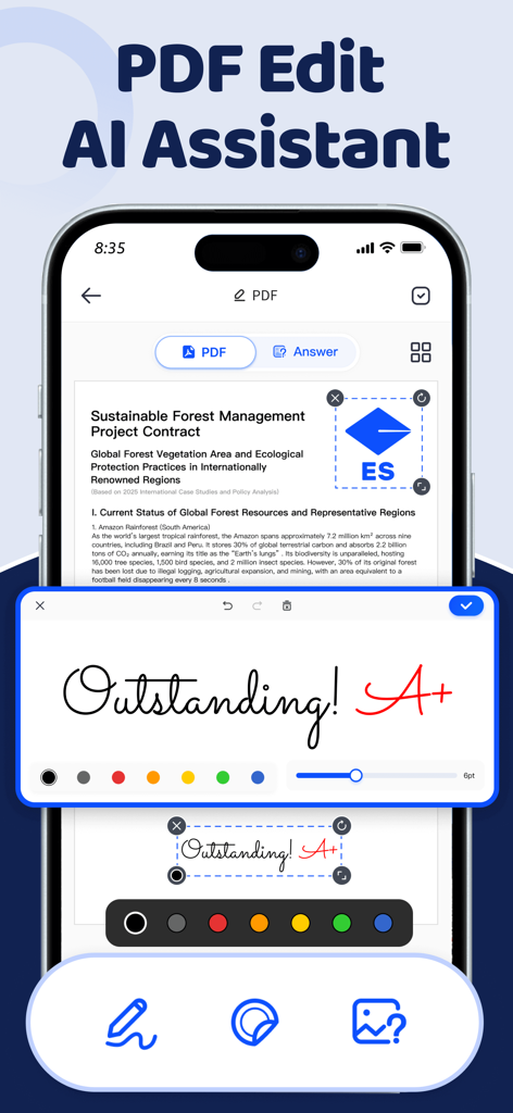 Scanner App: ScanMaster - Smartphone screen showing ScanMaster app with a PDF document being edited with handwritten annotations and signature tools.
